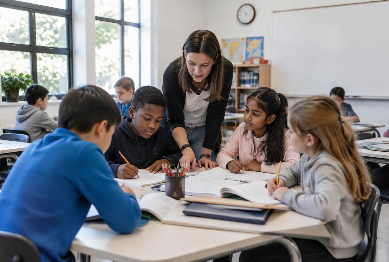 A teacher supporting two students writing at their desks