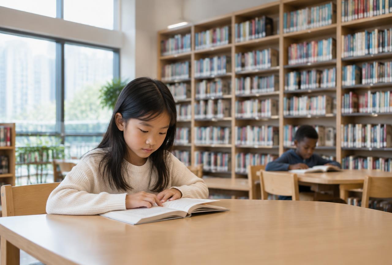 Students reading books at tables in a school library